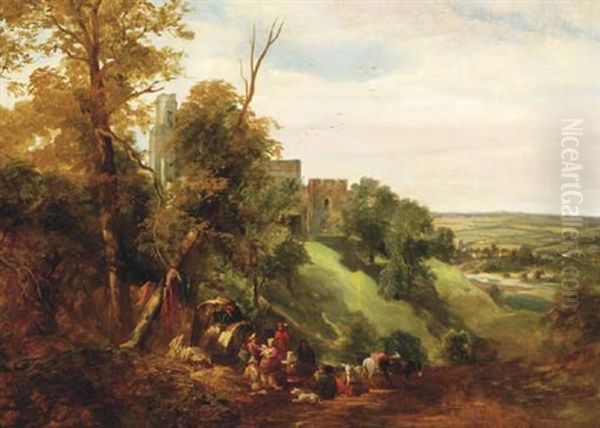 A Gypsy Encampment By A Hilltop Fortress Oil Painting by John James Chalon