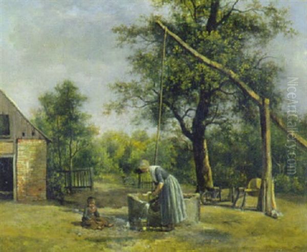 Frau Und Kind Am Ziehbrunnen Oil Painting by John James Chalon