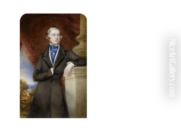 Sir Frederick Acclom Milbank, 1st Baronet (1820-1898), Standing Before Drapery And A Landscape Vista, Wearing Brown Coat, White Waistcoat, Chemise And Blue Cravat Secured With Pearl Cravat Pin Oil Painting by Maria A. Chalon