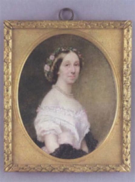 Miss Susan Millicent Reeve Wearing A Pale Pink Dress And A Black Lace Shawl, A Garland Of Flowers In Her Hair Oil Painting by Maria A. Chalon