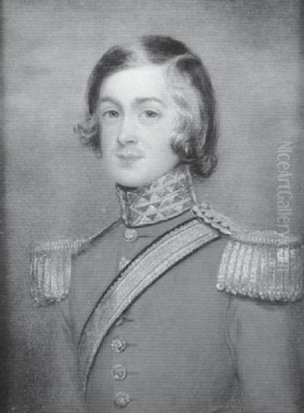 James R. Steadman Wearing The Uniform Of The 1st Dragoon Guards, Scarlet Coat With Gold Epaulettes, Collar, Buttons And Sword Belt Oil Painting by Maria A. Chalon