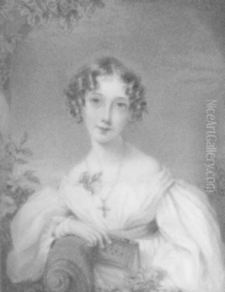 An Attractive Portrait Of Eleanor Brougham, Aged Seven, Wearing A Low-cut White Dress With Blue Ribbon Oil Painting by Maria A. Chalon