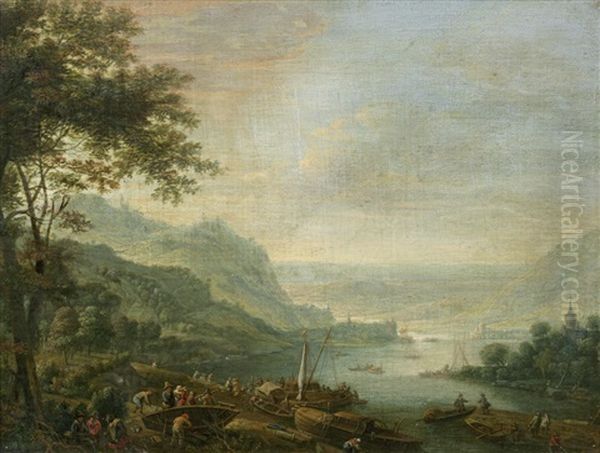 An Extensive River Landscape With Figures By The Shore Oil Painting by Louis Chalon