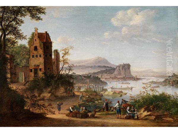 Hafenlandschaft Mit Ruinosem Turmgebaude Und Reicher Figurenstaffage Oil Painting by Louis Chalon