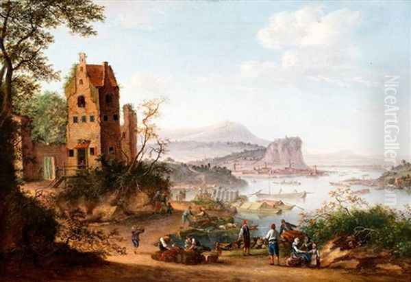 Italianiserend Landschap Met Vissersboten En Figuren Bij Een Rotskust Oil Painting by Louis Chalon