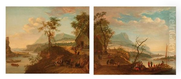 Scene De Peche Dans Un Paysage Montagneux (+ Personnages Devant Une Chaumiere Dans Un Paysage Fluvial; Pair) Oil Painting by Louis Chalon