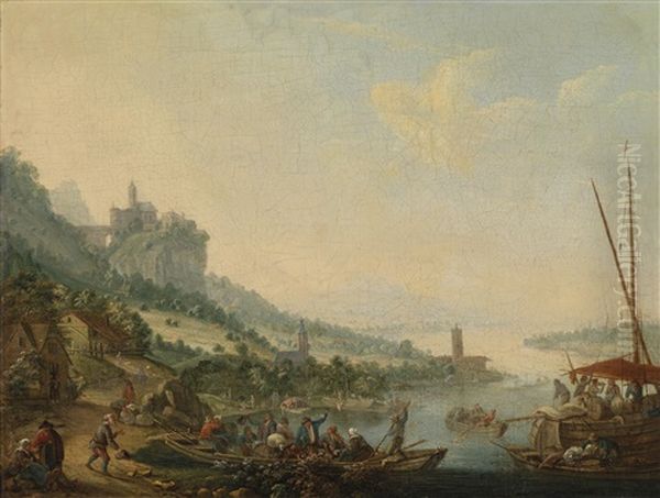 Flusslandschaft Mit Einem Fahrboot Und Einer Hochgelegenen Burg Oil Painting by Louis Chalon