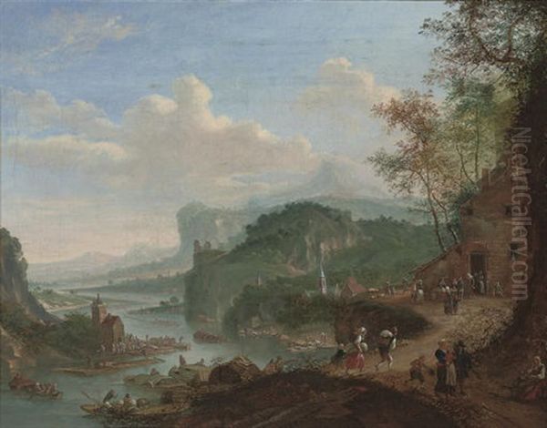 A Wooded River Landscape With Figures On A Track By A Cottage Oil Painting by Louis Chalon