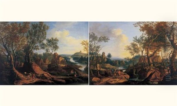 Paysage De Riviere Anime De Promeneurs (+ Another; Pair) Oil Painting by Louis Chalon