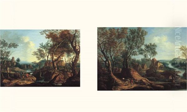 Paysage De Riviere Anime De Promeneurs (+ Another, Similar; Pair) Oil Painting by Louis Chalon