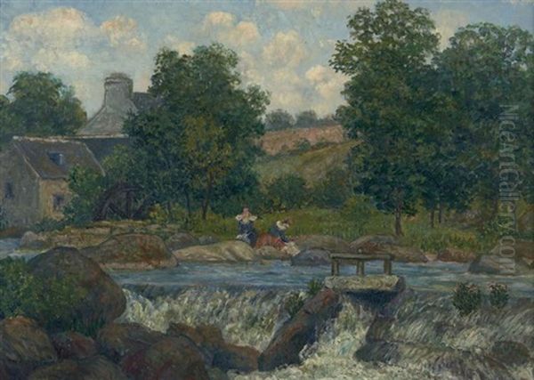 Les Lavandieres A La Riviere Oil Painting by Ernest Ponthier De Chamaillard