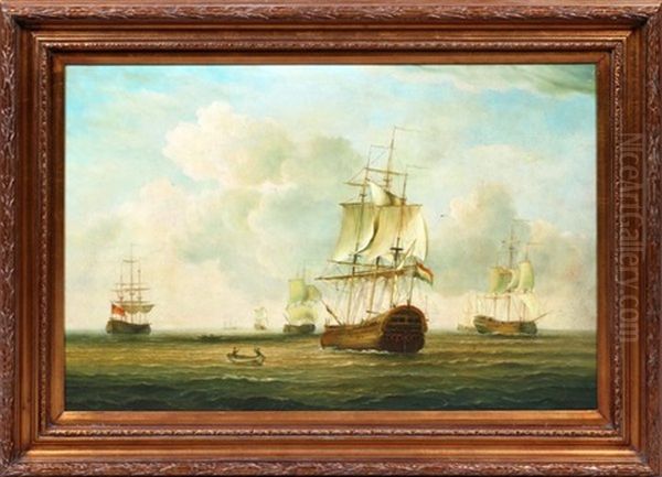 Fleet Of Sailing Ships Oil Painting by Ernest Ponthier De Chamaillard