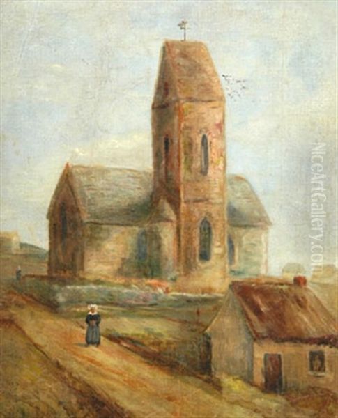 Paysage A L'eglise Oil Painting by Ernest Ponthier De Chamaillard