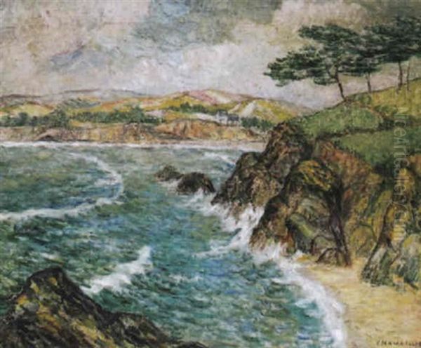 La Plage Du Ris Vue Des Plomarc'h - Douarnenez Oil Painting by Ernest Ponthier De Chamaillard