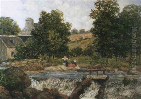 Bretonnes Au Lavoir Sur L'aven Oil Painting by Ernest Ponthier De Chamaillard