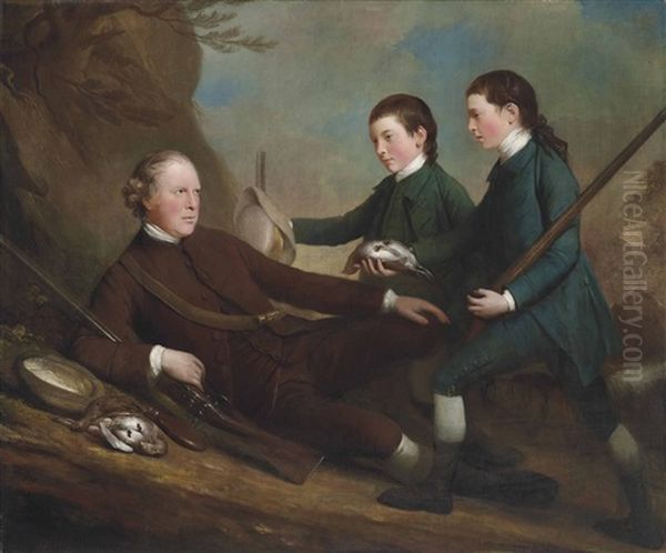 Portrait Of George Lindsay-crawford, 21st Earl Of Crawford (1728-1781), Full-length, Seated On A Bank, Holding A Gun, With His Sons Oil Painting by Mason Chamberlain