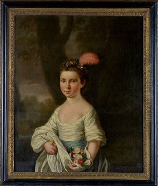 A Portrait Of A Young Girl With Flowers And A Pink Feather In Her Hair Oil Painting by Mason Chamberlain