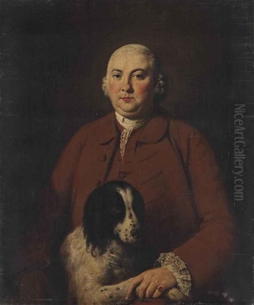 Portrait Of A Gentleman, Traditionally Identified As Mr Grey Of Brainshaugh, Half-length, In A Brown Coat, With A Spaniel Oil Painting by Mason Chamberlin