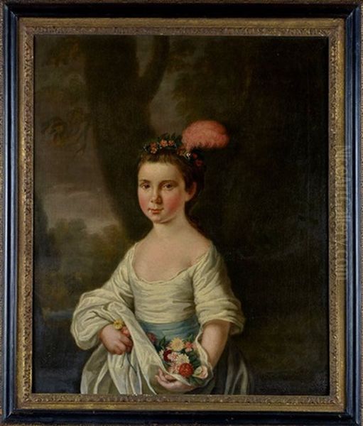 A Portrait Of A Young Girl With Flowers And A Pink Feather In Her Hair Oil Painting by Mason Chamberlin