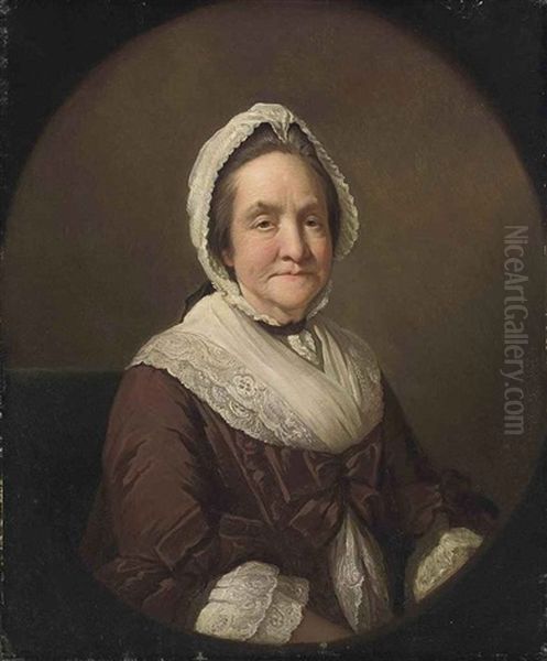 Portrait Of Frances Adcock, Mrs. Robert Butcher (b. 1710) In A Brown Dress And Lace Shawl And Cap Oil Painting by Mason Chamberlin