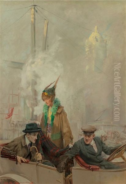 Couple With Chauffeur, Possible Magazine Interior Story Illustration Oil Painting by Charles Edward Chambers