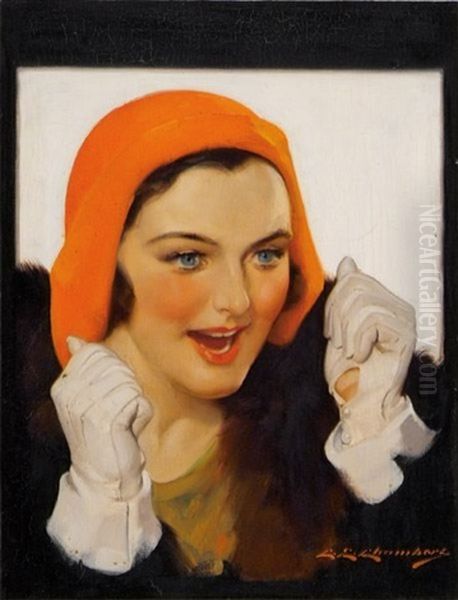 Excited Woman In Orange Hat And White Gloves Oil Painting by Charles Edward Chambers