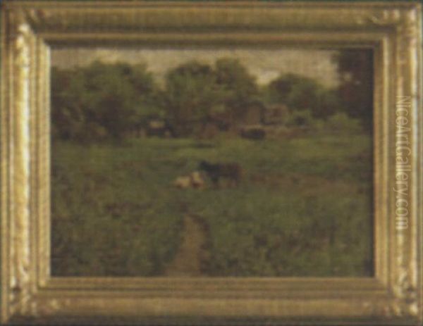 Pastoral Landscape With Two Cows In A Green Pasture And Barns In The Background Oil Painting by George W. Chambers