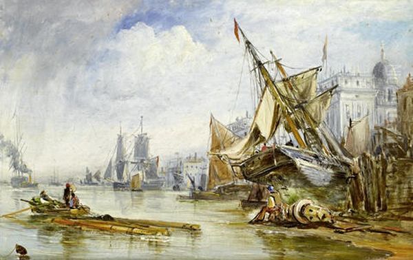 Low Tide On The Thames Foreshore Below The Customs House Oil Painting by George William Crawford Chambers