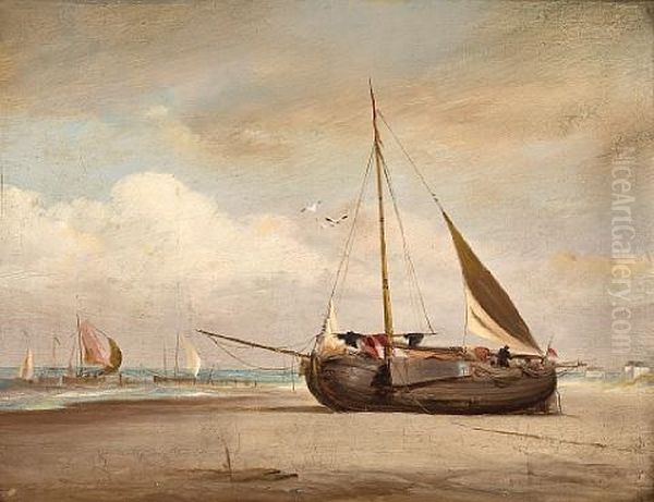 A Dutch Lugger Beached At Low Tide Oil Painting by George William Crawford Chambers