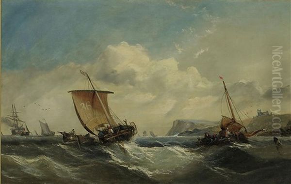 Fishing Vessels In A Heavy Swell Off Whitby Oil Painting by George William Crawford Chambers