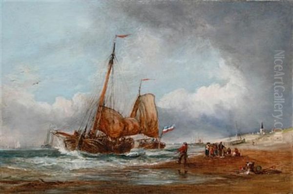 Fishing Boats Off A Beach On A Breezy Day Oil Painting by George William Crawford Chambers