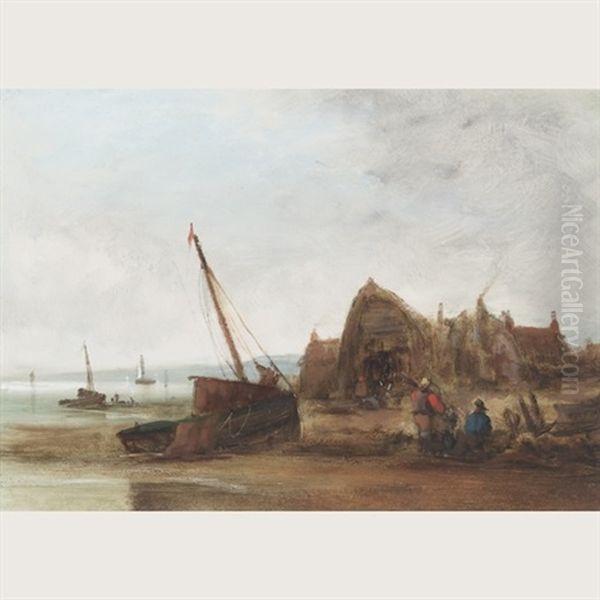 Fish Huts And Fisherfolk On A Beach Oil Painting by George William Crawford Chambers