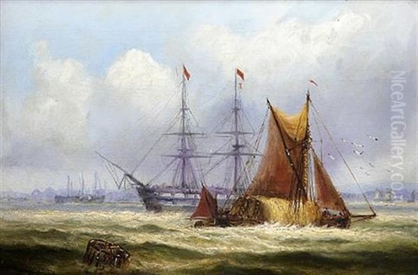 A Haybarge Passing A Warship In The Medway With Chatham Dockyard Beyond Oil Painting by George William Crawford Chambers