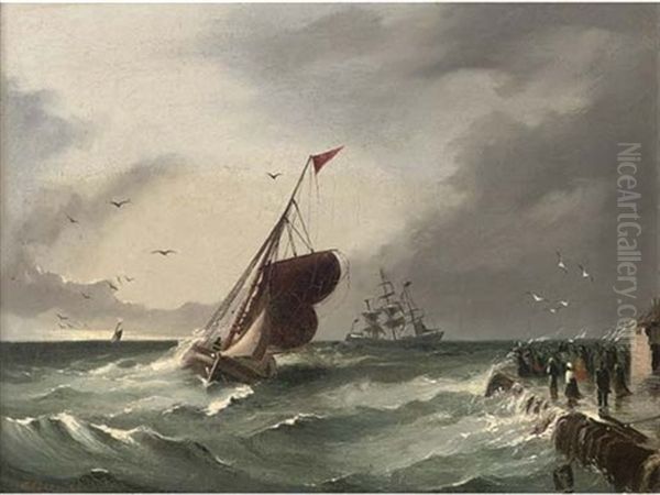 A Stiff Breeze At The Harbour Mouth Oil Painting by George William Crawford Chambers