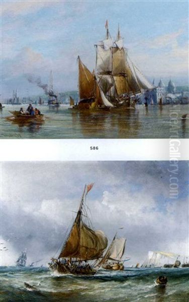 Shipping On The Thames At Greenwich (+ Barges And Other Shipping In The Channel Off Dover; Pair) Oil Painting by George William Crawford Chambers