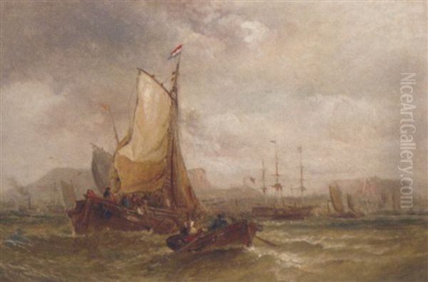 Congested Coastal Waters With A Dutch Barge Making Ready To Enter A Busy Harbour Oil Painting by George William Crawford Chambers