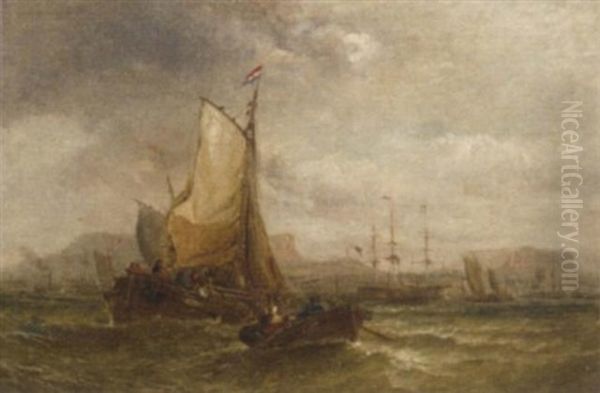 Congested Coastal Waters With A Dutch Barge Making Ready To Enter A Busy Harbour Oil Painting by George William Crawford Chambers