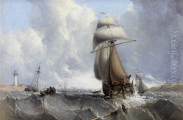 Shipping Off A Headland In Heavy Scenes Oil Painting by George William Crawford Chambers