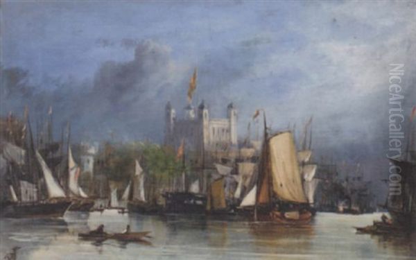 Shipping On The Thames Before The Tower Of London Oil Painting by George William Crawford Chambers