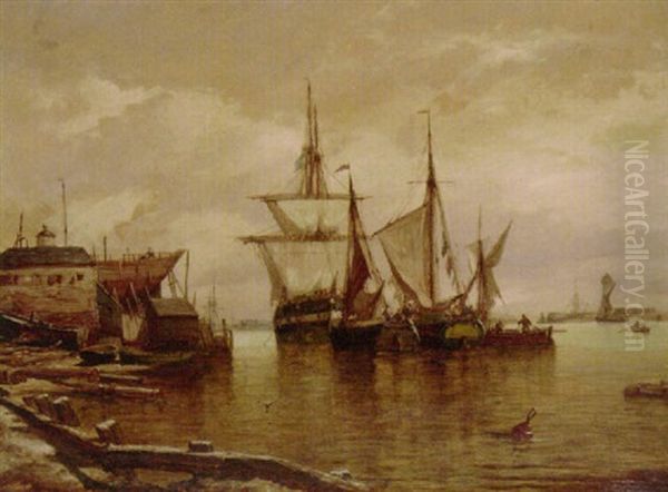 Shipping At Anchor Off The Boatyard Oil Painting by George William Crawford Chambers