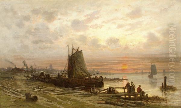 La Meuse Pres De Dordrecht, Soleil Couchant En Novembre Oil Painting by Auguste-Paul-Charles Anastasi