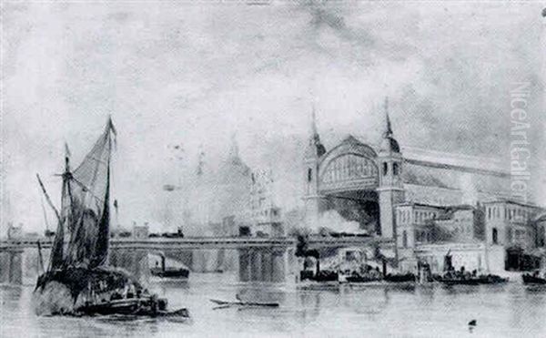 Cannon Street Railway Station From The River Oil Painting by George William Crawford Chambers