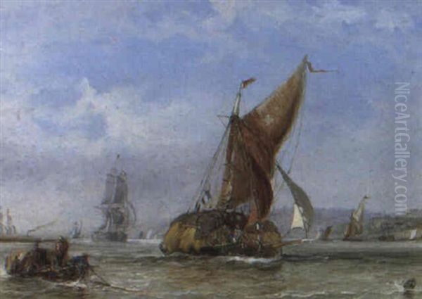 Hay Barges And Other Shipping (off Suffolk?) Oil Painting by George William Crawford Chambers