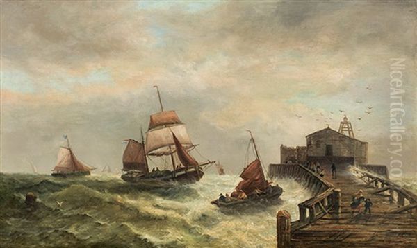 Ships On A Stormy Sea Oil Painting by Sir George Chambers