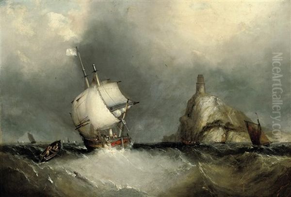 Shipping Inshore And Running Past The South Stack Lighthouse Oil Painting by Sir George Chambers