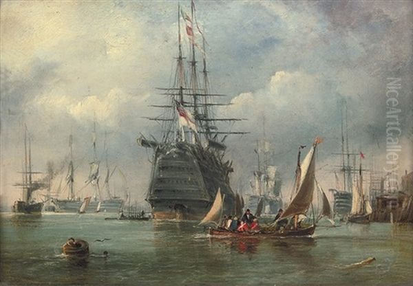 A Large First Rate And Other Warships Lying In The Harbor At Portsmouth Oil Painting by Sir George Chambers