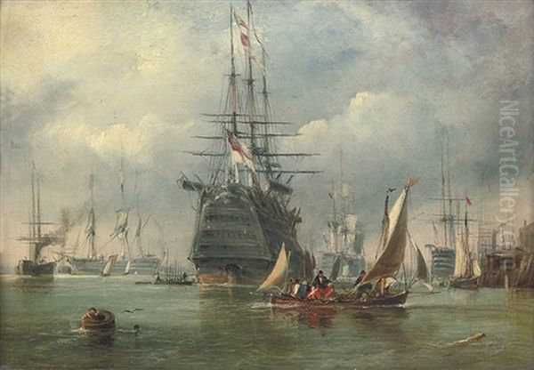 A Large First Rate And Other Warships Lying In Portsmouth Harbour Oil Painting by Sir George Chambers