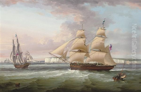 A Merchant Brig In Two Positions Off Flamborough Head Oil Painting by Sir George Chambers