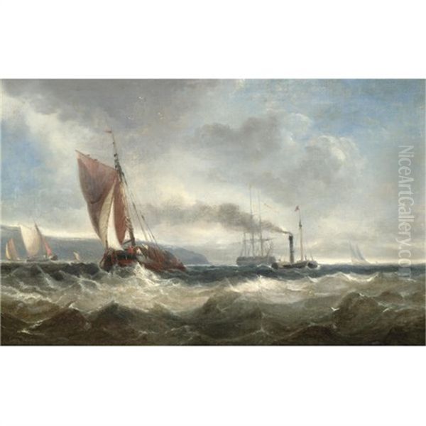 A Sailing Barge And Paddle Steamer With Other Shipping Off The Coast Oil Painting by Sir George Chambers