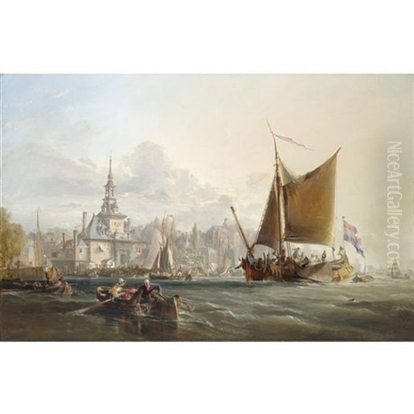 Dutch Vessels Leaving Harbour - Rotterdam In The Distance Oil Painting by Sir George Chambers